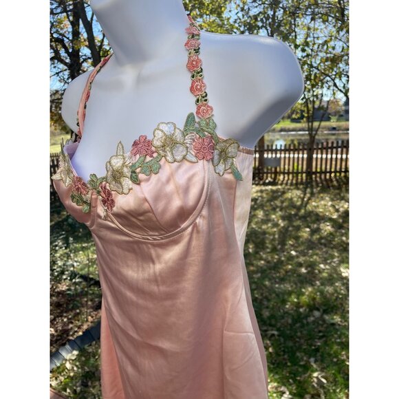 Pink Satin Slip Dress Floral Embroidered Halter Neckline By Princess Polly Size - Picture 3 of 13